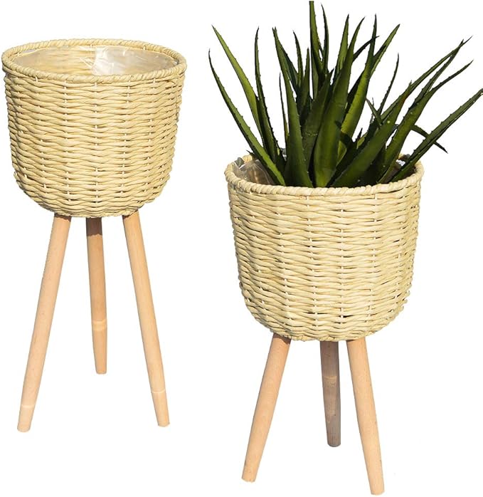 Mid-Century Modern Plant Stand，Unique Handmade Planter Stand Wood Flower Pot Holder， Indoor Plant Display Rack, Set of 2 (Beige)