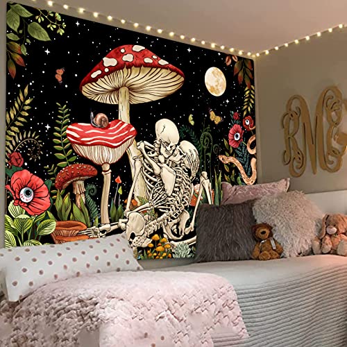 Accnicc Mushroom Skull Tapestry Skeleton Floral Plant Flower Tapestries Bedroom Aesthetic Nature Moon Wall Tapestry for Dorm Living Room (60'' × 50'') - color: Red, size: 60"L x 50"W