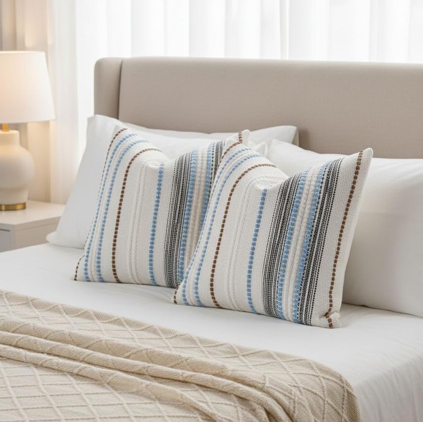 Pack of 2 Boho Throw Pillow Covers,Blue Brown White Striped Farmhouse Decorative Square Textured Woven Pillowcase for Sofa Couch Bed Living Room Decor,18x18 Inch