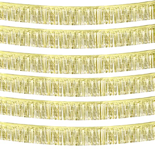 6 Pack 10 Feet Foil Fringe Garland Metallic Tinsel Streamers Banner Wall Hanging Curtain Backdrop Banner for Parade Floats, Thanksgiving, Christmas, Birthday, Halloween Party Decorations(Light Gold) - color: 6 Pack Light Gold