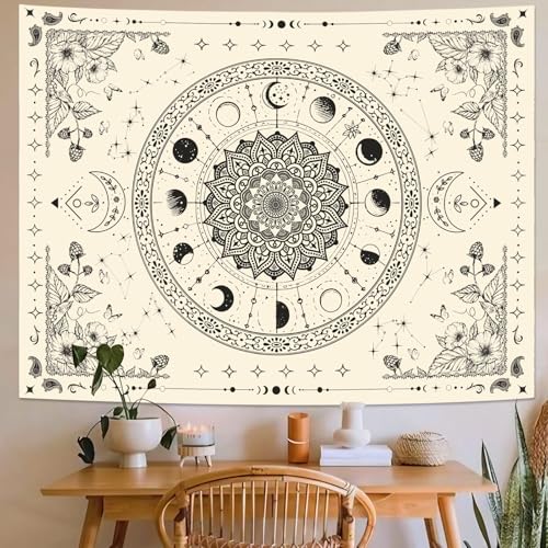 Lunerfex Mandala Moon Tapestry Boho Tapestry for Bedroom Black and White Tapestries Wall Hanging Living Room Wall Art and Home Decor 44x60 - color: Ivory, size: 60"L x 44"W