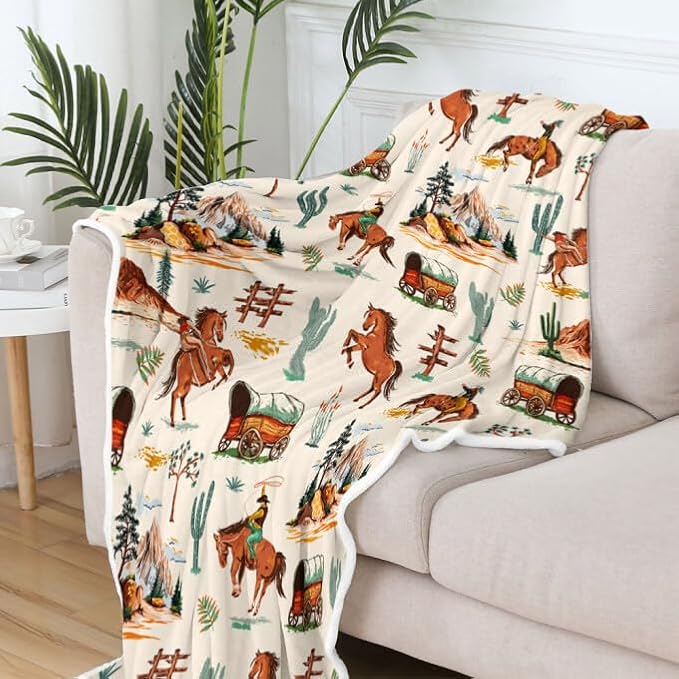 Western Cowboy Blankets, Vintage Western Cowboy Throw Blankets, Soft, Flannel, Warm, West Cowboy Ride Horse Flannel Throw Blanket Rustic Cowboy Bed Blankets–All Seasons 60X70 Inch