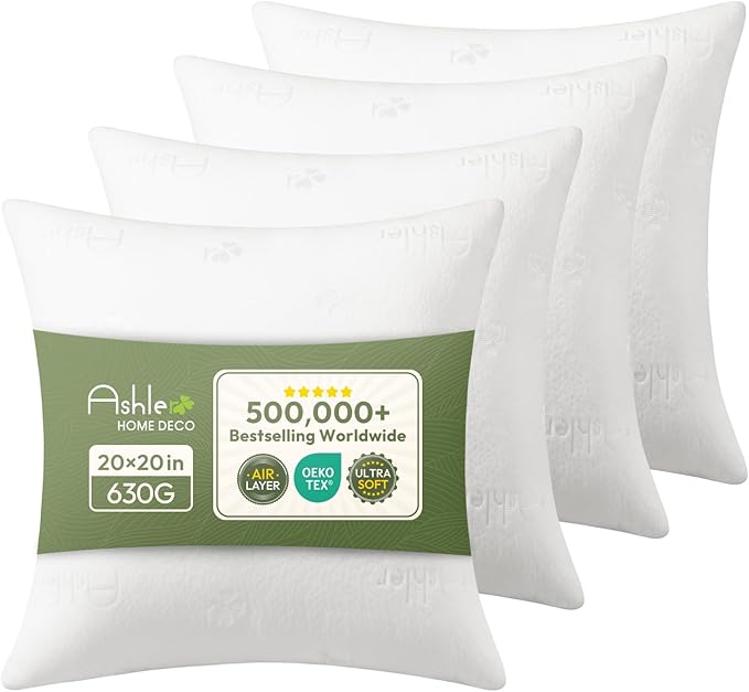 Ashler Throw Pillows Insert- 20x20 Pillow Inserts with Air Layer, Premium Bed and Couch Pillows - Indoor Decorative Throw Pillow, Square Cushion Sham Stuffer, Pack of 4, White
