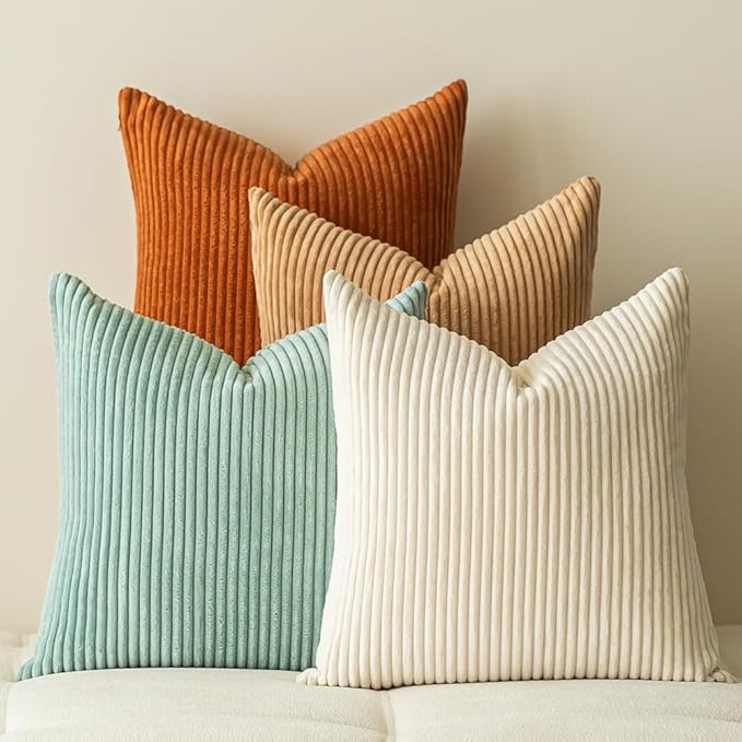 LANANAS Neutral Couch Throw Pillow Covers 18x18 Inch Set of 4 Decorative Farmhouse Boho Throw Pillows for Living Room, Couch, Bed, Sofa Soft Corduroy Accent Home Decor (Teal-Orange, 18x18 Inch)