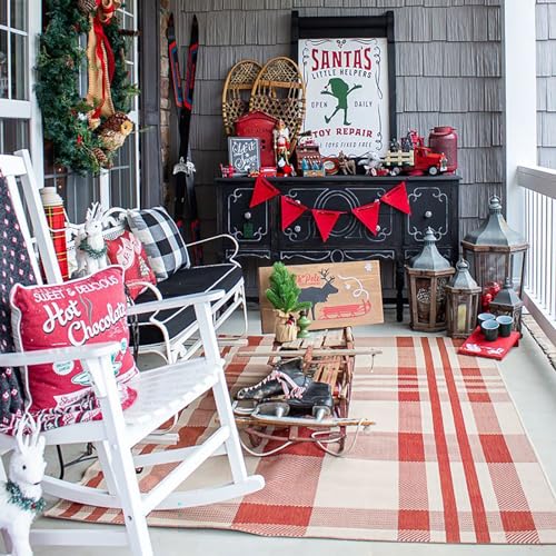 Christmas Door Mat Outdoor 4' x 6' Red and White Plaid Rug Christmas Decor Rug Cotton Hand-Woven Layered Door Mats Washable Carpet for Front Porch, Kitchen, Farmhouse, Entryway - color: Red&white Plaid, size: 4' x 6' (Rectangular)