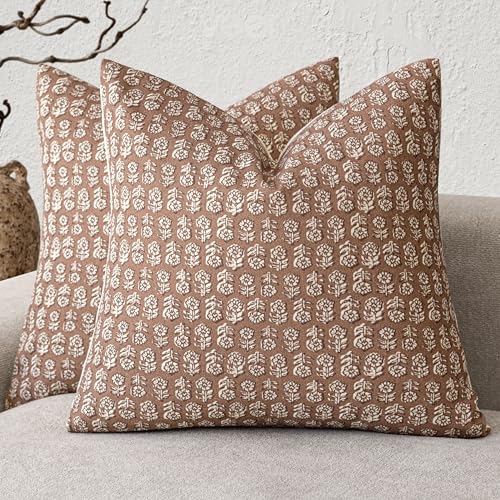 Foindtower Set of 2 Decorative Neutral Floral Print Throw Pillow Covers Vintage Farmhouse Cushion Covers Boho Home Decor for Sofa Chair Couch Bedroom Living Room,18×18 Inch,Light Orange Brown - color: Almond, size: 18" x 18" (Pack of 2)