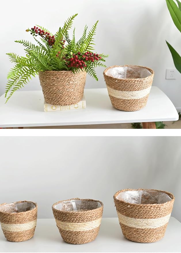 Water Hyacinth & Corn Stalk Woven Plant Basket with Plastic Liner Indoor Rustic Planter Basket for Home Floor Potted Plants Decorative Flower Pot Holder(7.09inch)