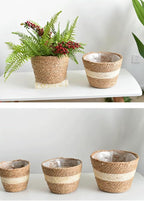 Water Hyacinth & Corn Stalk Woven Plant Basket with Plastic Liner Indoor Rustic Planter Basket for Home Floor Potted Plants Decorative Flower Pot Holder(7.09inch)