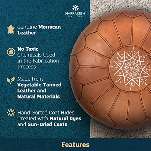 Marrakesh Gallery Genuine Leather Round Pouf Unstuffed - Moroccan Ottoman Footstool, Footrest Cover - Boho Decor - Bohemian Living Room, Bedroom, Kids Room, Gift & Wedding - color: Tan Cognac