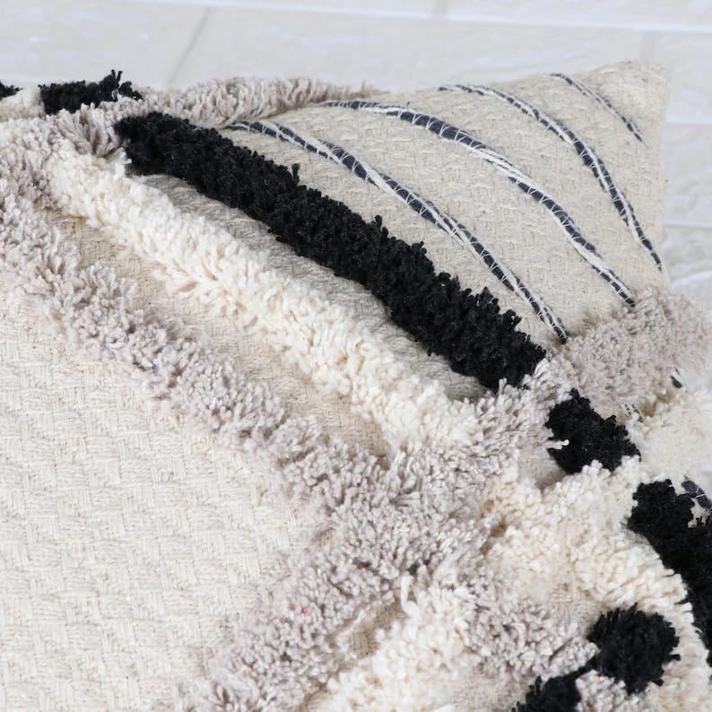Boho Shaggy Tufted Throw Pillow Cover, Geometric Plaid Woven Decorative Cushion Case, Black Grey Off White Textured Square Pillowcase for Couch Sofa Home Decor, Pillow Insert Not Included