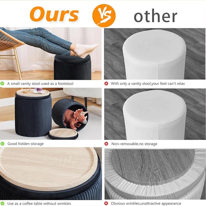 Round Ottoman with Storage Set of 2-Upholstered Velvet Vanity Stool for Makeup Multifunctional Ottomans Coffee Table Padded Seat Foot Rest for Living Room&Bedroom (Black-Upgrade Taray Lid)