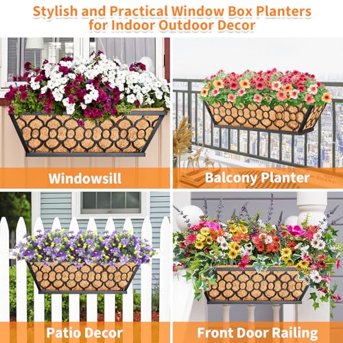 Riare 2 Pack 16 Inch Window Boxes Planters with Coco Liner, Metal Deck Railing Planter Boxes, Balcony Planters Railing Hanging, Horse Trough Window Flower Planter Boxes for Outdoor Porch Fence Patio - size: 16Inch