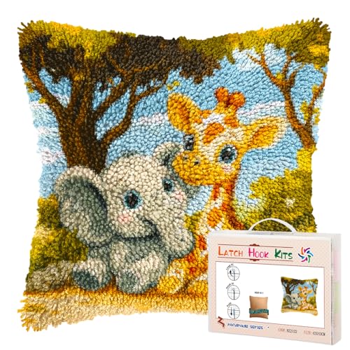 Generic DIY Latch Hook Pillow Kits Cute Elephant and Giraffe Printed Pillowcase Crochet Yarns Hooking Handmade Pillow Cover Cushion for Home Sofa Decoration 17x17inch-4 - color: 03-Giraffe