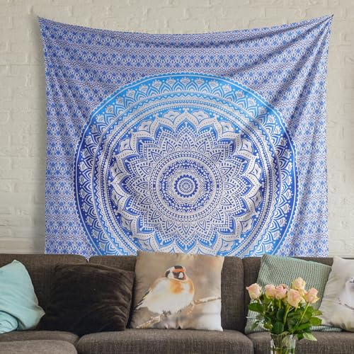 THE ART BOX Aqua Blue Cotton Tapestry Mandala Wall Hanging – Tapestry for Bedroom – Boho Room Decor – Small Aesthetic Tapestry 54x60 Inches - color: Blue and White, size: 54"L x 60"W