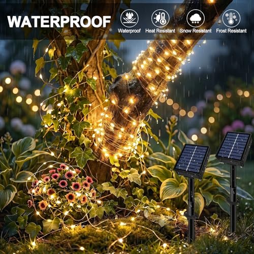 Solar String Lights 2 Pack Total 66FT 200LED Solar Fairy Lights Outdoor Waterproof 8 Lighting Modes Twinkle Lights for Patio, Garden Yard Party Wedding Tree Christmas Halloween Decoration, Warm White - color: Warm White
