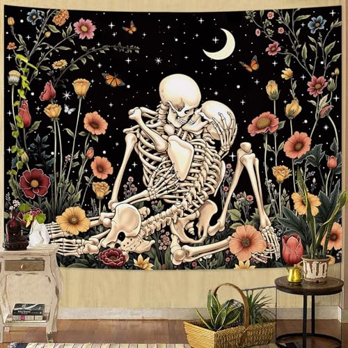 Haibimen Skeleton Tapestry Wall Hanging Dark Romance Moon Stars Butterfly Floral Skull Gothic Tapestries for Bedroom Aesthetic Wallpaper Decor for Living Room, Dorm (Black 1, 48''×36'') - color: Black 1, size: 48''×36''