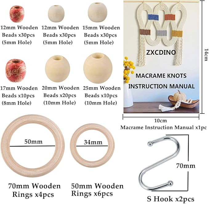 152pcs Macrame Kit for Beginners: Natural Cotton Macrame Cord, Wooden & Metal Rings, Beads, Sticks & Hoops - Perfect for Macrame Plant Hangers & Home Decor