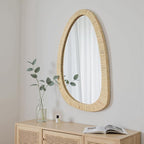 sawsile Rattan Mirror,30x20 Irregular Boho Bathroom Rattan Farmhouse Wicker Asymmetrical Wood Wall Mirror for Nursery,Bathroom,Living Room,Washroom
