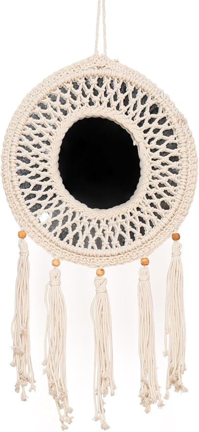 Concepts 17x29 Inch Macrame Boho Wall Hanging Round Mirror with Tassels Decorative Bohemian Mirror Decor Natural Cotton Handwoven Mirror with Wood Beads for Entryway or Bedroom