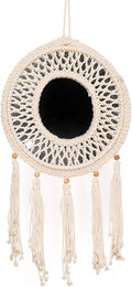 Concepts 17x29 Inch Macrame Boho Wall Hanging Round Mirror with Tassels Decorative Bohemian Mirror Decor Natural Cotton Handwoven Mirror with Wood Beads for Entryway or Bedroom
