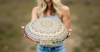 Round Mandala Floor Pillow Cover Seating Cushion Throw Cover Hippie Decorative Bohemian Ottoman Pouf Cover, Pom Pom Pillow Cases,Boho Indian 22 Inches (White Gold)