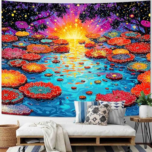 Lunerfex Trippy Lotus Pond Sunrise Wall Tapestry, Vibrant Water Lilies Tapestries for Home Decor, Artistic Tapestry 80x60 Inch - color: Golden Yellow, size: 80"L x 60"W