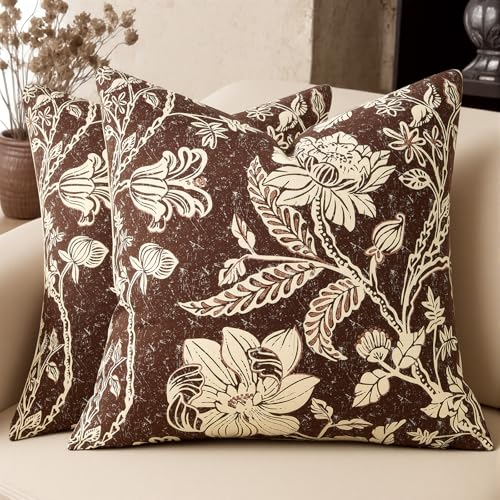 MUSSEL Brown Floral Pillow Covers 18x18：Vintage Decorative Throw Pillow Boho Patterned Covers — Neutral Modern Farmhouse Square Cushions Cotton Accent Covers Sofa Bed Living Room Pillowcases Set of 2 - color: Bf-brown, size: 18" x 18" (Pack of 2)