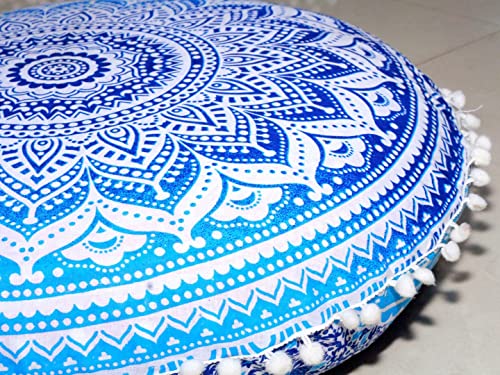 CRAFT KALA Mandala Floor Pillow Cushion Cover Seating Throw Cover Hippie Decorative Bohemian Ottoman Poufs Pom Pom Pillow Cases Boho Indian Cotton Living Room Yoga Home Décor (24" Round, Blue Ombre) - color: Blue Ombre, size: 24" x 24" (Pack of 1)
