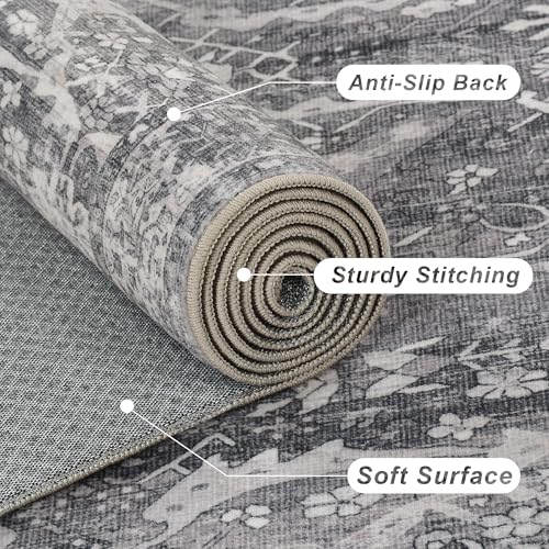 Grey Vintage Washable Runner Rugs for Hallway Kitchen Boho Laundry Rug Low Pile Non-Slip Retro Distressed Accent Throw Carpet for Entryway Bathroom Bedroom - color: Grey, size: 2'*6'(Runner)