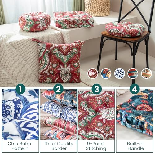 Boho Floor Cushion Set with Chair Pads 4-Pieces Extra Thick Floor Pillow, Round/Square Dining Chair Pad & Round Throw Pillow, Plush Velvet for Ergonomic Support, Boho Chic Home Decor Blue
