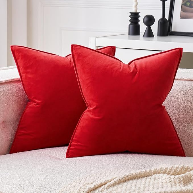 MIULEE Bright Red Velvet Throw Pillow Covers 18x18 Soft Decorative Solid Square Cushion Cases Pack of 2 Modern Luxury Home Decor for Couch, Sofa, Bedroom