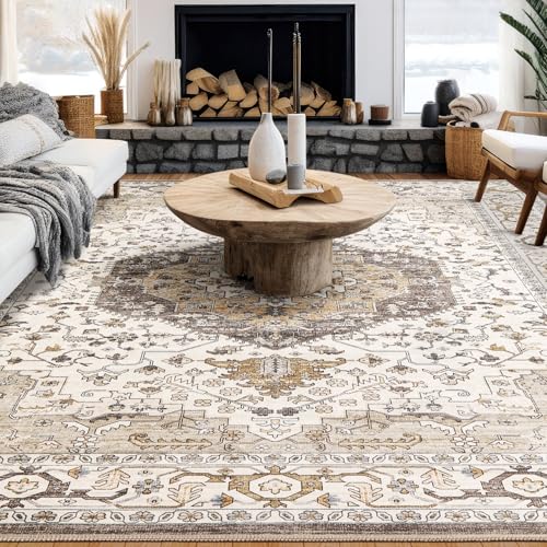 Area Rug for Living Room - 5x7 Soft Washable Oriental Vintage Floral Distressed Large Carpet - Fade Stain Resistant Non Slip Rugs for Bedroom Dining Room Nursery Dorm Office Home Decor-Camel/Beige - color: Camel/Beige, size: 5' x 7' (Rectangular)