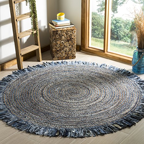 SAFAVIEH Cape Cod Collection Area Rug - 4' Round, Ivory & Denim, Handmade Boho Fringe Jute & Cotton, Ideal for High Traffic Areas in Living Room, Bedroom (CAP206D) - color: Ivory/Denim, size: 4' (Round)