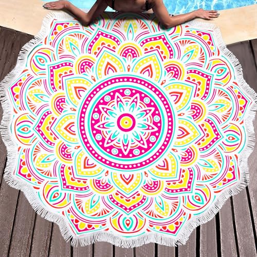 Benefeet Sox Large Mandala Beach Towel Round Microfiber Circle Beach Towels Bohemian Roundie Beach Blanket Quick Dry Beach Throw Blanket Sand Free Pool Towels, 59 Inches Yellow Multi - color: Mandala, Yellow Multi