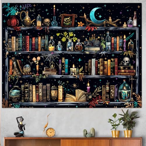 Accnicc Magic Bookshelf Tapestry Magical Witchy Potion Dark Hippie Haloween Tapestries Wall Hanging Gothic Skull Black Cat Library Book Tapestry for Bedroom Living Room Dorm 80 x 60 inch - color: Blue, size: 80"L x 60"W
