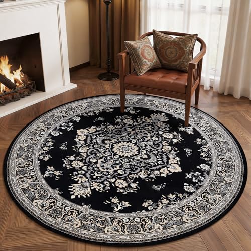 HOMORE Vintage Round Rug 4ft Washable Non Slip Circle Rugs 48inch Indoor Carpet for Bedroom Living Room Dining Room Kids Room Home Office Dorm,Black - color: Black, size: 4' (Round)