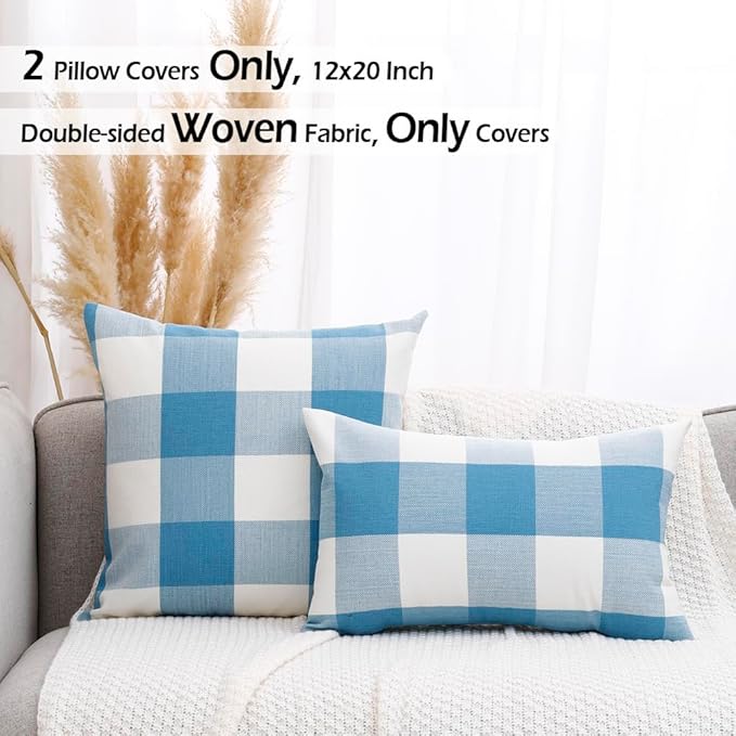 CARRIE HOME Light Blue and White Buffalo Check Plaid Lumbar Pillow Covers 12x20 Set of 2, Light Blue Checkered Summer Outdoor Lumbar Pillows, Lake Blue Couch Pillows Also for Patio Furniture