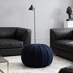 Round Pouf Ottoman, 18" Bordeaux Knitted Cotton Woven Round Pouf, Handmade Woven Bean Bag for Living Room, Floor Bag for Bedrooms, Home, Offices, Sofa Footrest (Deep Blue)