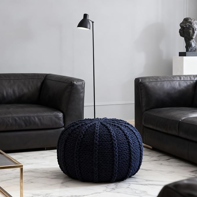 Round Pouf Ottoman, 18" Bordeaux Knitted Cotton Woven Round Pouf, Handmade Woven Bean Bag for Living Room, Floor Bag for Bedrooms, Home, Offices, Sofa Footrest (Deep Blue)