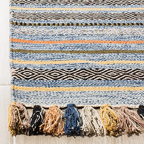 SAFAVIEH Area Rug 8x10 - Montauk Collection - Large - Blue & Multi, Handmade Cotton, Boho Stripe Fringe Design, Ideal for Living Room, Bedroom, Office, Dining Space (MTK901C) - color: Blue/Multi, size: 8' x 10' (Rectangular)