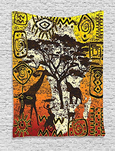 Ambesonne African Tapestry, Animals Savannah Theme Cultural Art Grunge Bohemian Ornamental Design, Wall Hanging for Bedroom Living Room Dorm Decor, 40" X 60", Orange Yellow - color: Orange Yellow and Brown, size: 60"L x 40"W