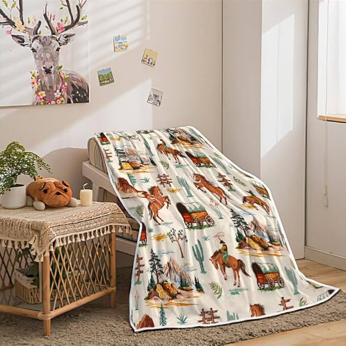 Western Cowboy Blankets, Vintage Western Cowboy Throw Blankets, Soft, Flannel, Warm, West Cowboy Ride Horse Flannel Throw Blanket Rustic Cowboy Bed Blankets–All Seasons 60X80 Inch