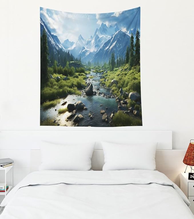 EMMTEEY Landscape Tapestry Wall Art Vertical 50X60 Inch-Forest Mountains Water Scenery Durable Wall Decor for Living Room