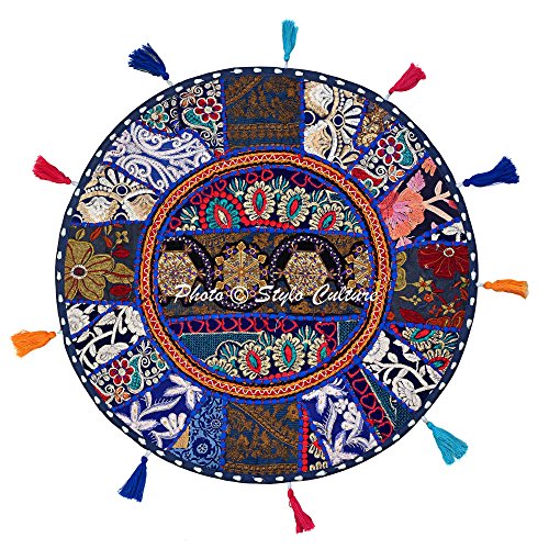 Indian Kids Floor Pillow Vintage Bohemian Patchwork Round Cushion Cover Dark Blue Small Throw Pillow Covers 18 x 18 Decorative Decor Tuffet Cover Footstool Cotton Embroidered 1 Pc - color: Dark Blue