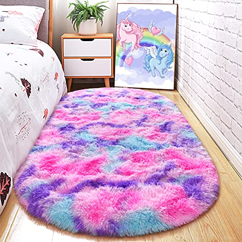 junovo Ultra Soft Washable Shaggy Rug - Non-Slip Oval Carpet for Nursery, Kids Bedroom & Home Decor (2.6x5.3ft Tie-Dye Hot Pink) | Plush Fluffy Floor Mat for Cozy Living Spaces - color: Tie-dye Hot Pink, size: 2.6' x 5.3'