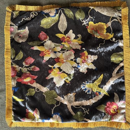 GUMAS Original Luxurious Floral and Bird Print Velvet Throw Pillow, 18x18 Cushion Cover with Vintage Chinese Style Design (1, Black Cover) - color: Black Cover