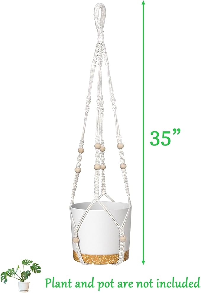 ZMTECH Macrame Plant Hanger for Indoor Plants - 2 Pack 35 Inch Boho Hanging Plant Hanger with Natural Wood Beads, Ivory Home Decor