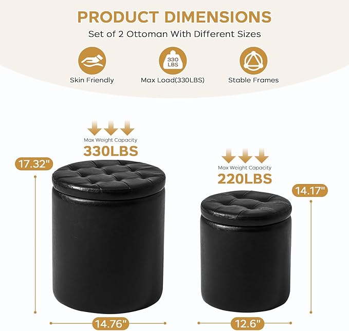 Round Ottoman with Storage Set of 2, 12.6" W x 14.17" H & 14.76" W x 17.32" H Faux Footstool Storage Ottomans for Bedroom, Living Room Padded Coffee Table Ottomen, Black