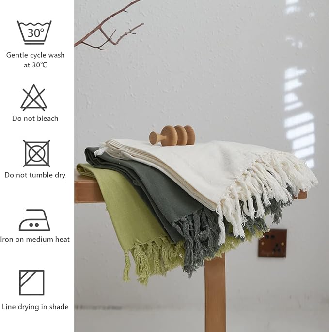 Simple&Opulence Boho Fringed Linen Throw Blanket for Bed, Couch, 50”x70” Pre-Washed Vintage Decorative Woven Blanket with Tassels, Breathable Durable Cozy Farmhouse for All Seasons (Ivory)