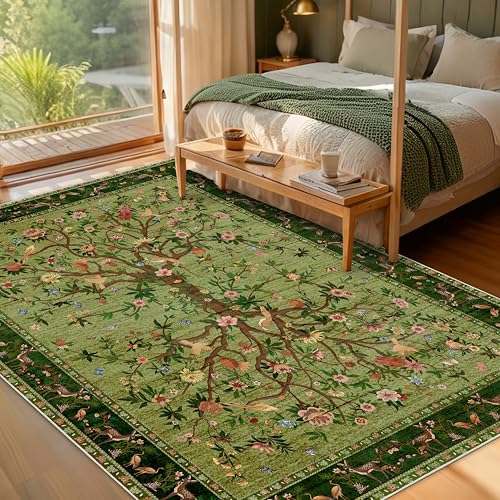 Green Area Rugs 5x7, Machine Washable Non-Slip Rug, Boho Floral Botanical Soft Low Pile Throw Rugs for Living Room, Bedroom, Dining Room, Office - color: Green, size: 7' x 5' (Rectangular)
